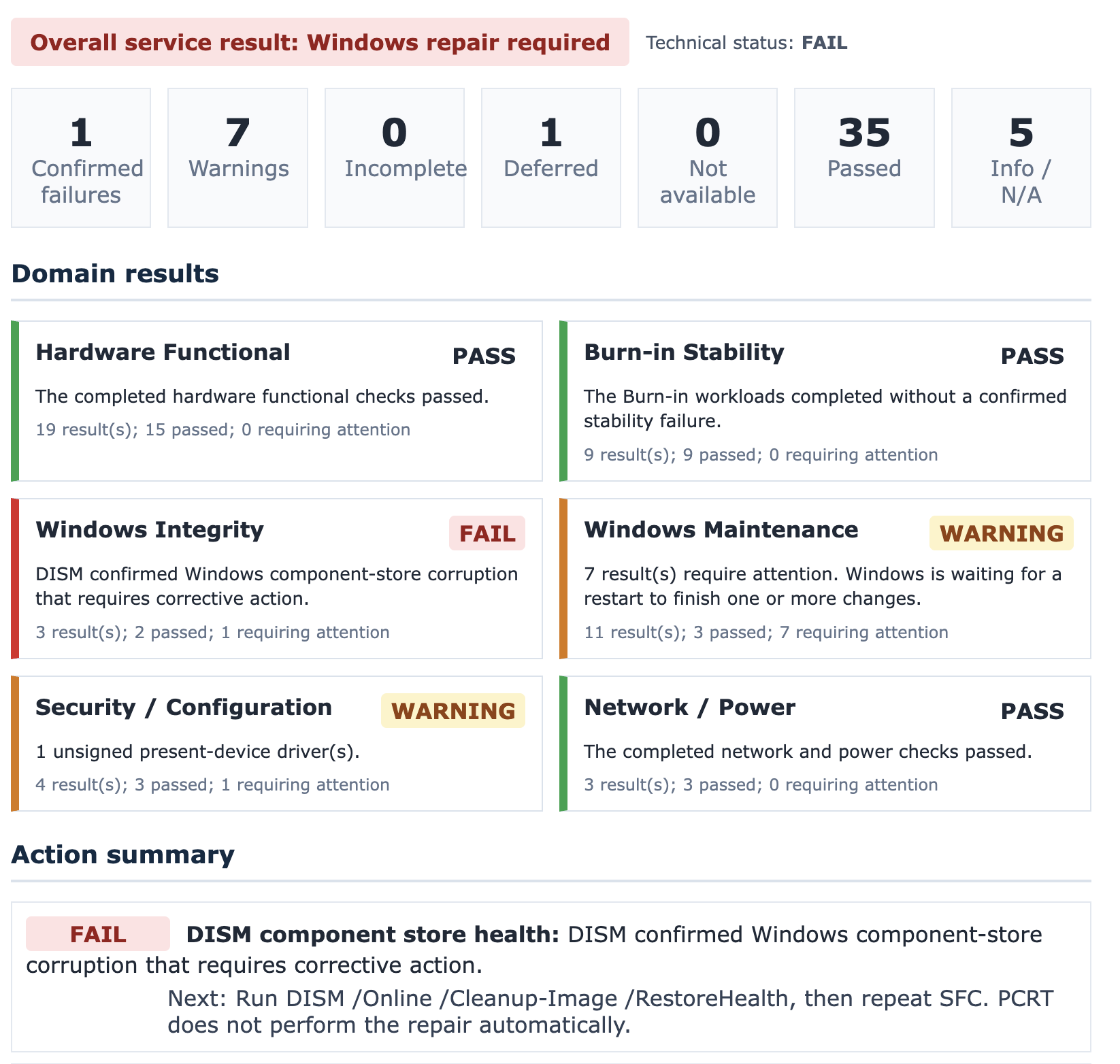 Example PCRT Diagnostics report showing domain results, warnings, and repair recommendations